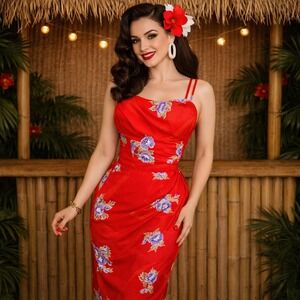 Vintage Paradise Hawaii Red Floral Hawaiian Sarong Dress Talon Zip Pinup Tiki